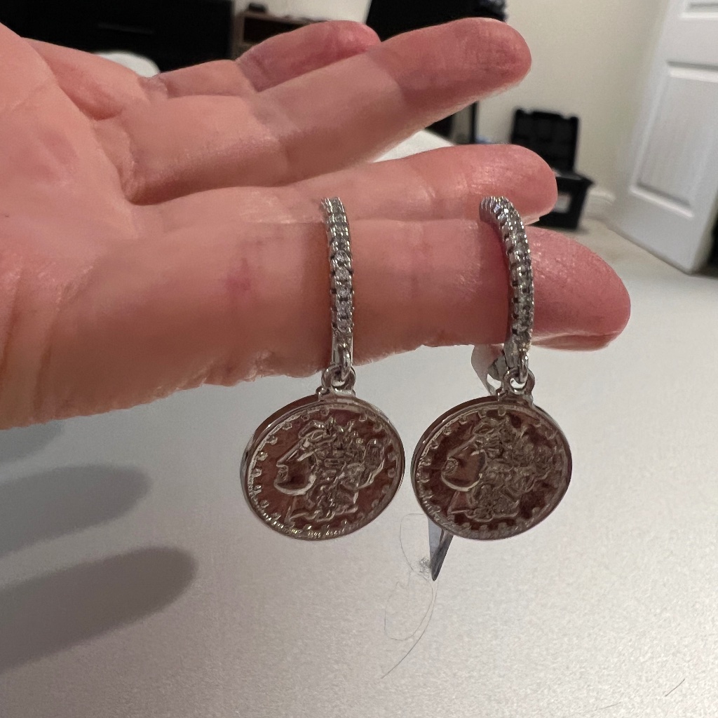 Brand New 18 Karat White Gold Plated Coin Drop Earrings